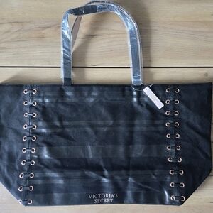 NWT Victoria’s Secret Black & Rose Gold Lace-Up Striped Large Tote Bag